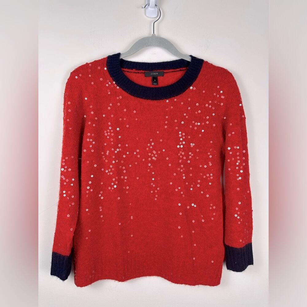 J. Crew Red Sequin Sweater Wool Navy‎ Trim Crew Neck 3/4 Length Sleeve Size M